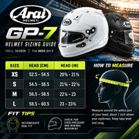Thumbnail for Arai GP-7 Helmet Sizing Guide infographic showing head circumference measurements in a size table, with white and black full-face helmets, a head measurement diagram, and fit tips on a dark graphic background.