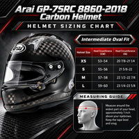 Thumbnail for Arai GP-7SRC FIA 8860-2018 Carbon Racing Helmet Size Chart Featuring XS to Large Sizes, Head Circumference in Centimeters and Inches, and Intermediate Oval Fit Guide.