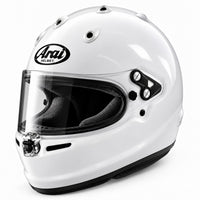 Thumbnail for Arai GPV-R Racing Helmet in gloss white, shown in front three-quarter view with clear GP-VAS visor, advanced ventilation system, center visor locking mechanism, and Snell SA2025 and FIA 8859-2024 certifications.