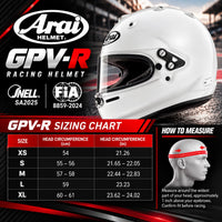 Thumbnail for Arai GPV-R Racing Helmet sizing chart featuring the gloss white helmet, sizes XS to XL, head circumference in centimeters and inches, measuring instructions, and Snell SA2025 and FIA 8859-2024 certifications.