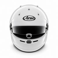Thumbnail for A white Arai GPV-R full-face racing helmet with a black visor and black Arai Helmet logo on the forehead, photographed from a front-facing perspective on a clean white background.