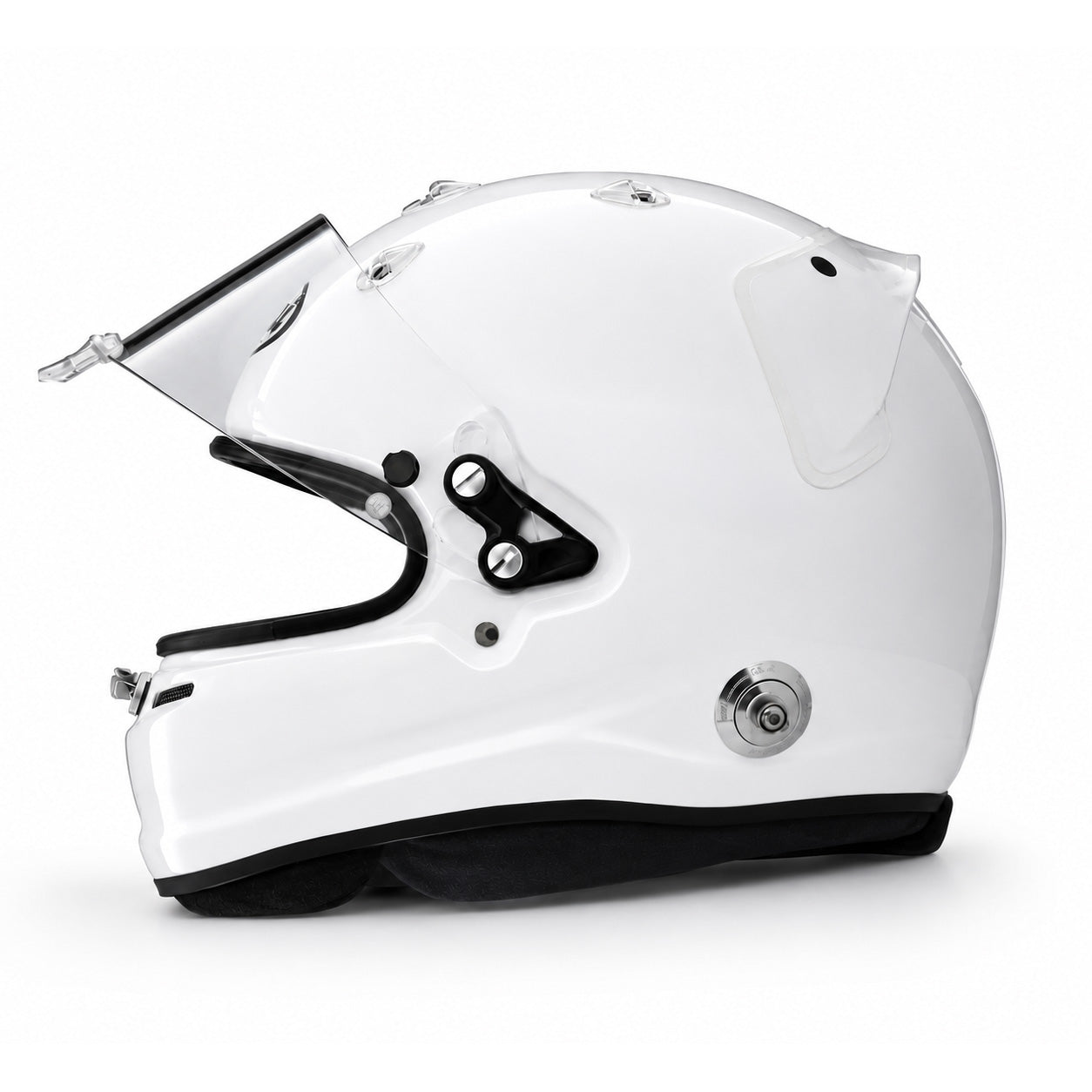 A white full-face Arai GPV-R racing helmet with a clear visor, black chin bar, and silver ventilation screws, shown in profile against a white background.
