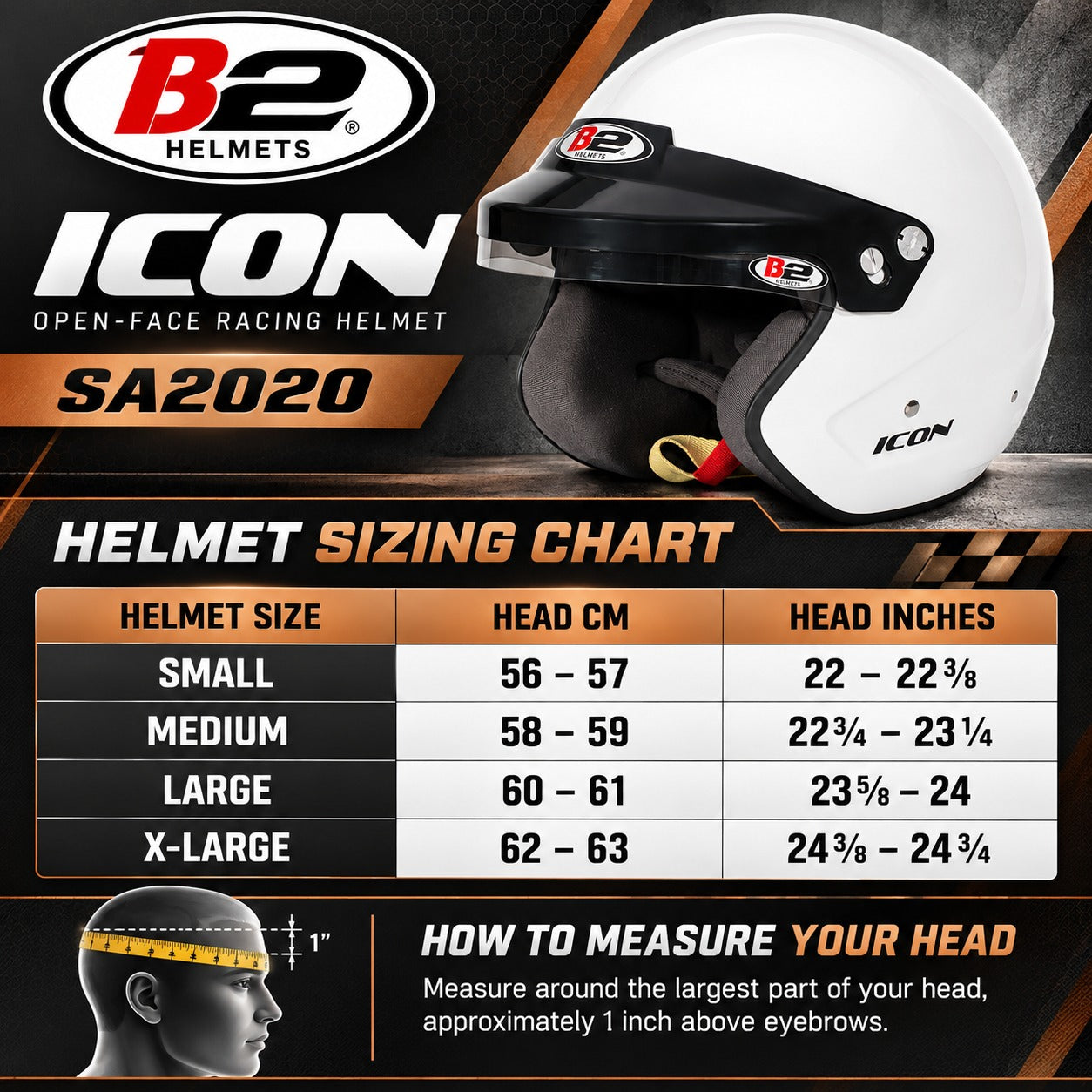 B2 Icon SA2020 White Open-Face Racing Helmet Size Chart with Small to X-Large Head Circumference Measurements in Centimeters and Inches.