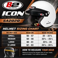 Thumbnail for B2 Icon SA2020 White Open-Face Racing Helmet Size Chart with Small to X-Large Head Circumference Measurements in Centimeters and Inches.