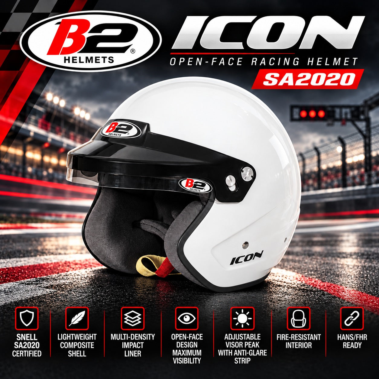 B2 Icon Snell SA2020 Open-Face Racing Helmet in White – Hero Image Featuring Lightweight Composite Shell, Adjustable Anti-Glare Visor Peak, Fire-Resistant Interior, and HANS/FHR-Ready M6 Terminals.