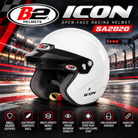 Thumbnail for B2 Icon Snell SA2020 Open-Face Racing Helmet in White – Hero Image Featuring Lightweight Composite Shell, Adjustable Anti-Glare Visor Peak, Fire-Resistant Interior, and HANS/FHR-Ready M6 Terminals.