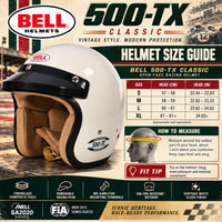 Thumbnail for Bell 500-TX Classic vintage open-face racing helmet sizing chart with Small through XL head measurements in centimeters and inches, Heritage White helmet, removable black peak, tan interior, measuring instructions, and retro motorsport design.