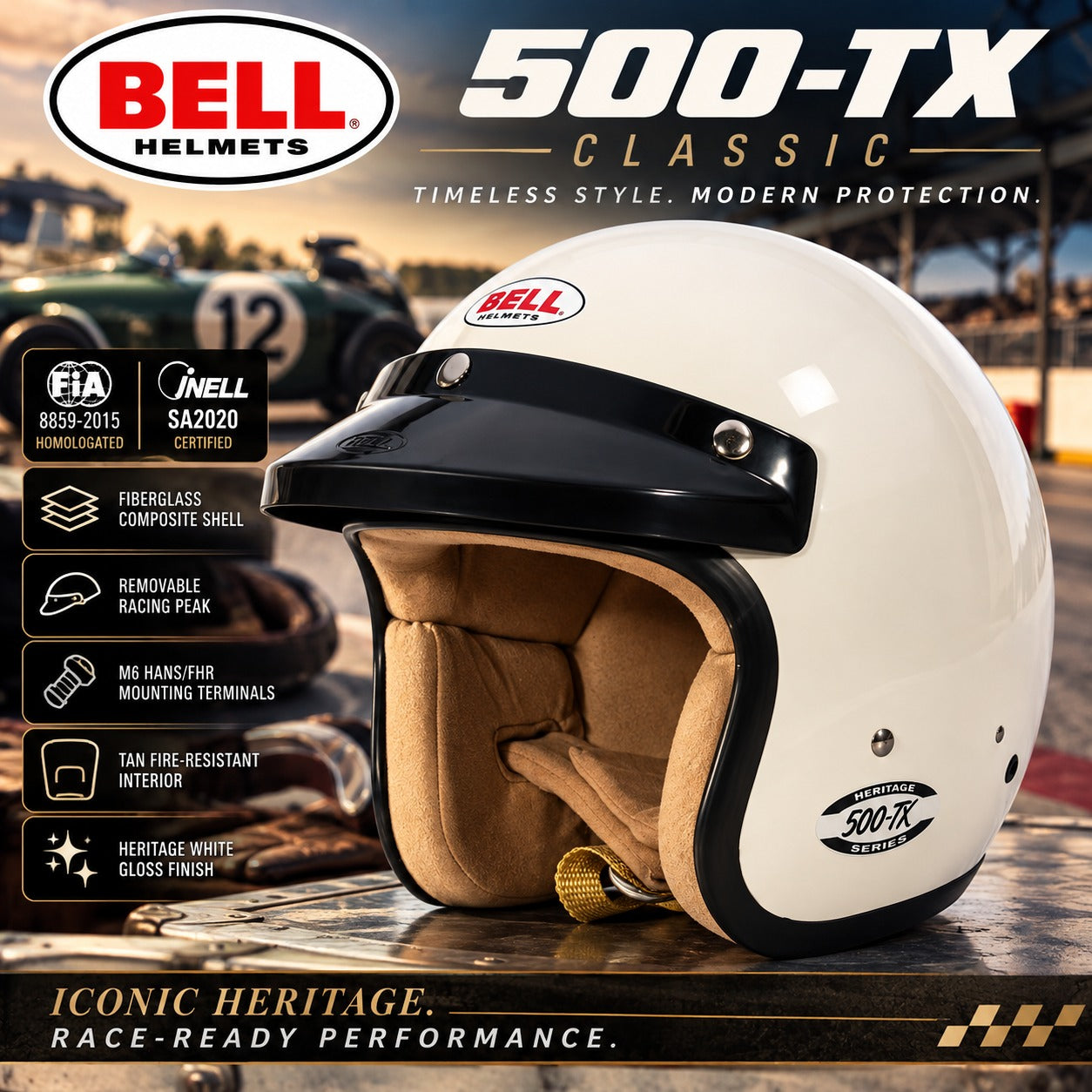 Bell 500-TX Classic Vintage Open-Face Racing Helmet in Gloss Heritage White, shown from a front three-quarter angle featuring a fiberglass composite shell, removable black racing peak, tan fire-resistant interior, and classic Bell Heritage Series branding on a clean white background.