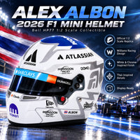 Thumbnail for Bell Alex Albon 2026 F1 mini helmet hero image with Williams Racing design, white and chrome-inspired finish, and Thai details
