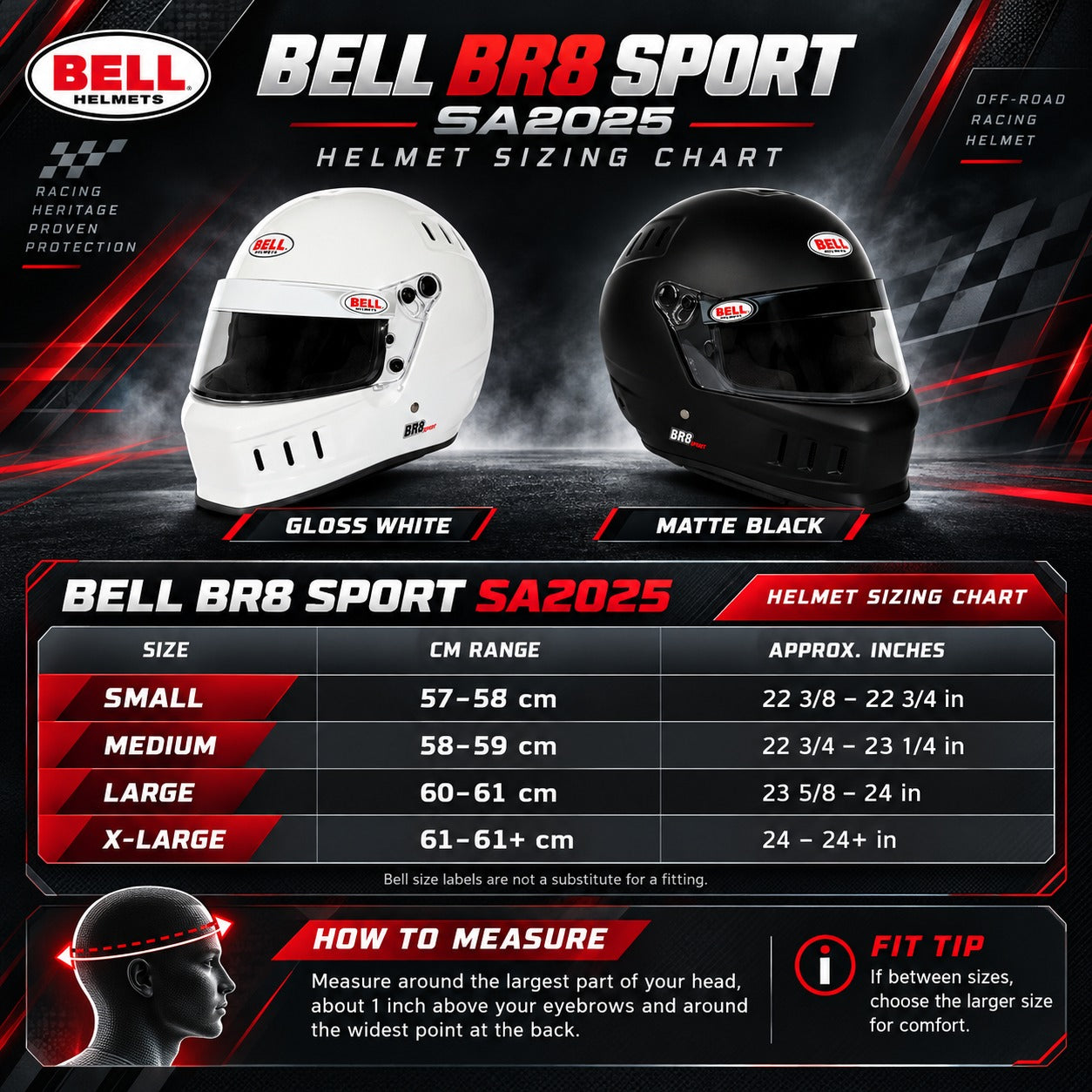 Bell BR8 Sport SA2025 racing helmet sizing chart featuring Gloss White and Matte Black helmets, Small through X-Large sizes, head circumference measurements in centimeters and inches, proper head measuring instructions, and helmet fitting tips in a black and red motorsport design.