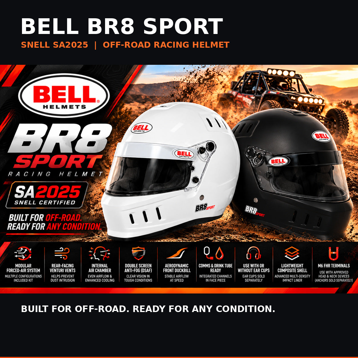 Bell BR8 Sport SA2025 off-road racing helmets in Gloss White and Matte Black, featuring a modular forced-air ventilation system, rear-facing Venturi vents, DSAF anti-fog shields, aerodynamic front duckbill, lightweight composite shells, and Snell SA2025 certification against a dramatic off-road racing background.
