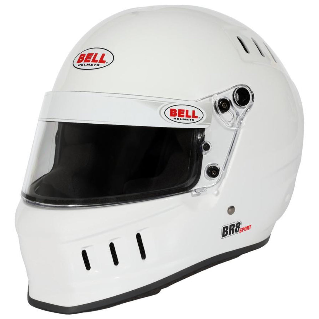 Bell BR8 Sport white full face helmet front left angle with clear visor image