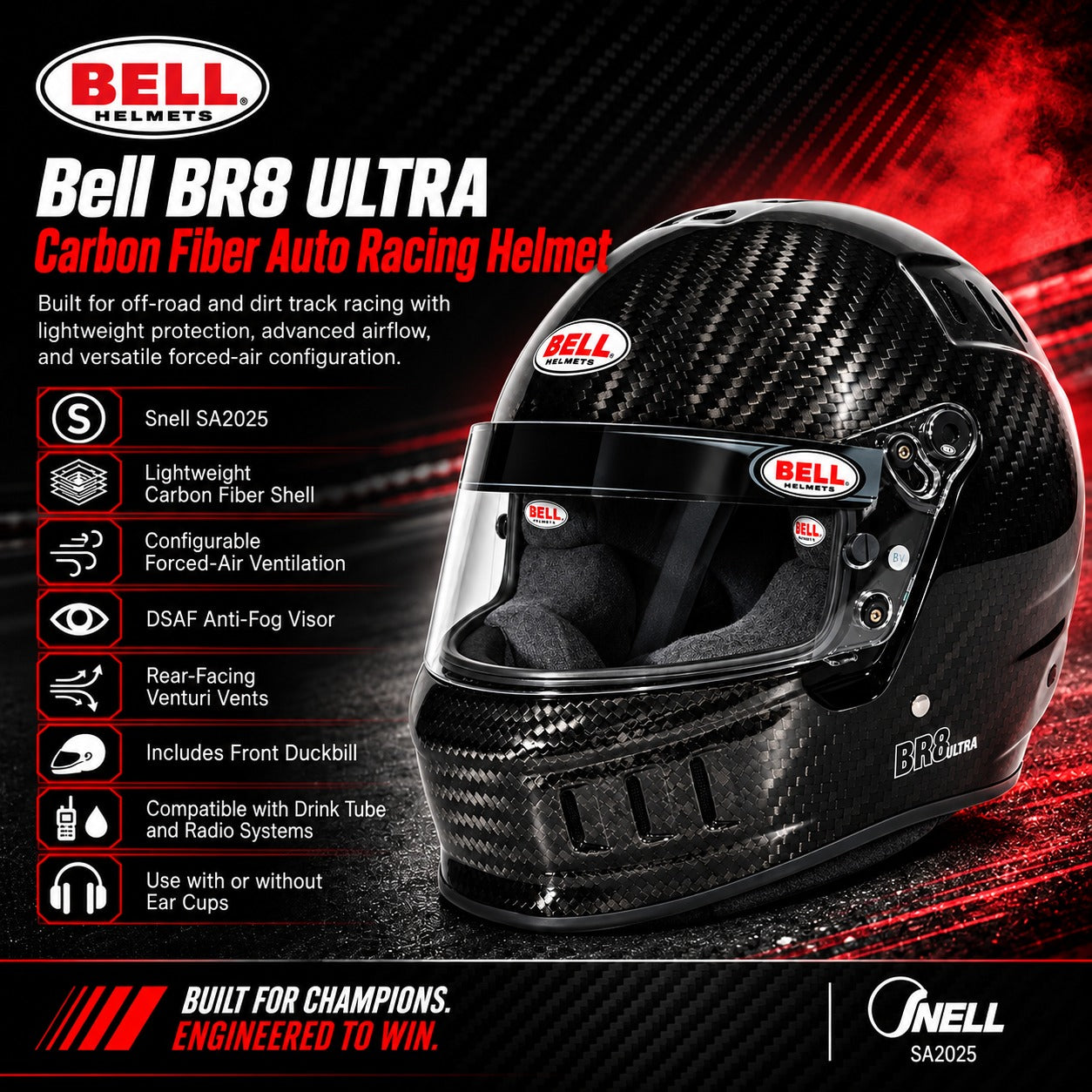 Bell BR8 ULTRA Carbon Fiber Auto Racing Helmet hero image featuring Snell SA2025 certification, lightweight carbon fiber shell, configurable forced-air ventilation, DSAF anti-fog visor, and rear-facing Venturi vents.