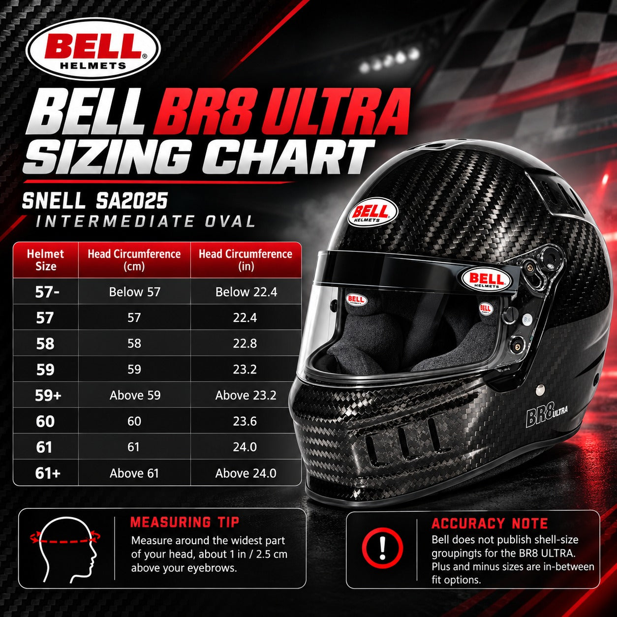 Bell BR8 ULTRA Carbon Fiber Auto Racing Helmet sizing chart showing helmet sizes 57- through 61+, head circumference in centimeters and inches, intermediate oval fit, measuring tip, and Snell SA2025 certification.
