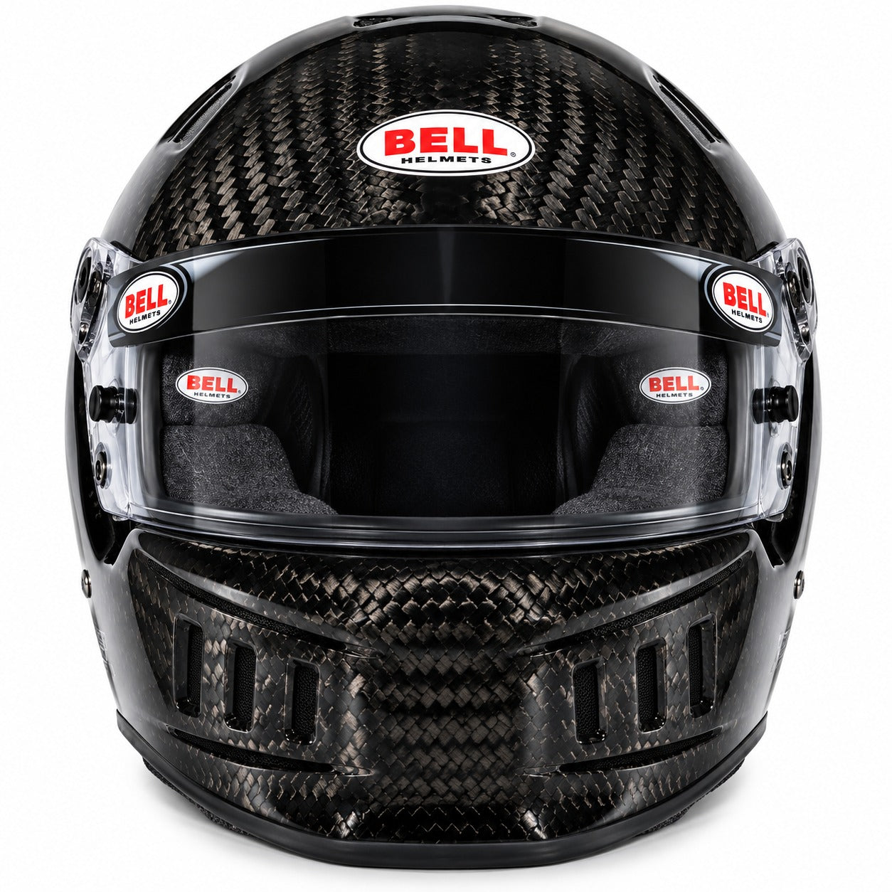 A Bell Racing full-face racing helmet in glossy black carbon fiber, featuring a clear visor and the signature Bell logo on the forehead and side shields.