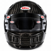Thumbnail for A Bell Racing full-face racing helmet in glossy black carbon fiber, featuring a clear visor and the signature Bell logo on the forehead and side shields.