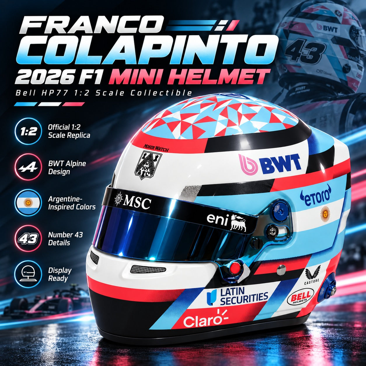 Bell Franco Colapinto 2026 F1 mini helmet hero image with BWT Alpine design, Argentine colors, and number 43 details