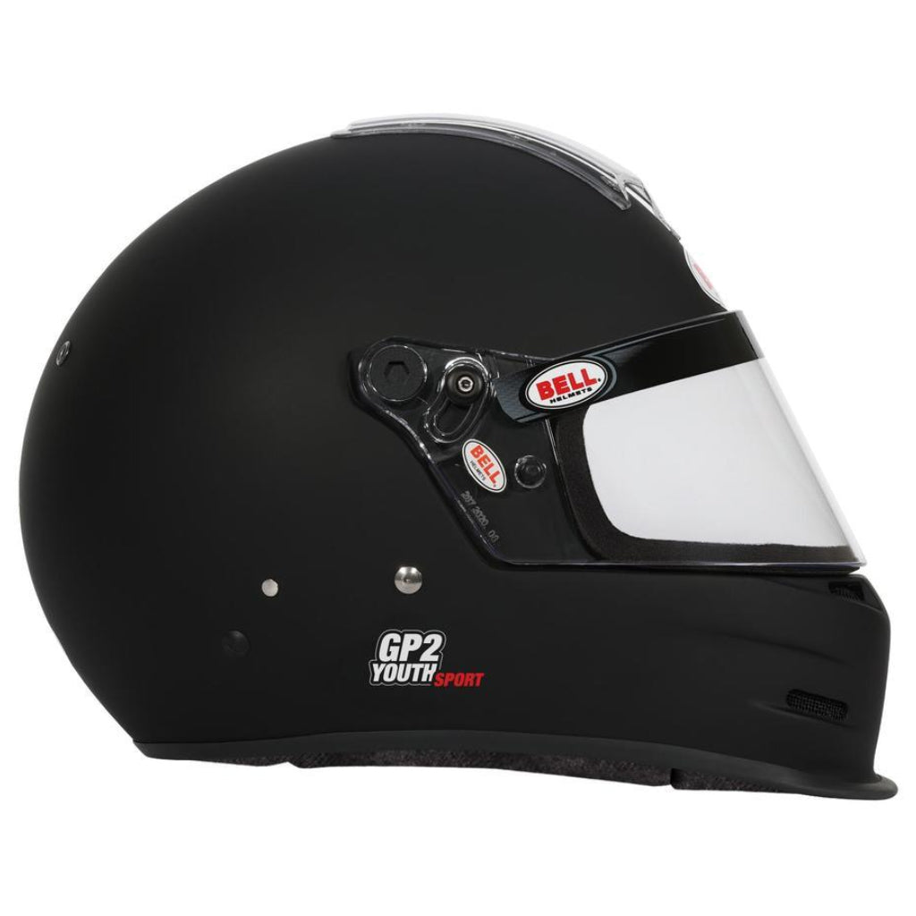 Bell GP2 Youth Sport matte black helmet left side profile showing visor hardware