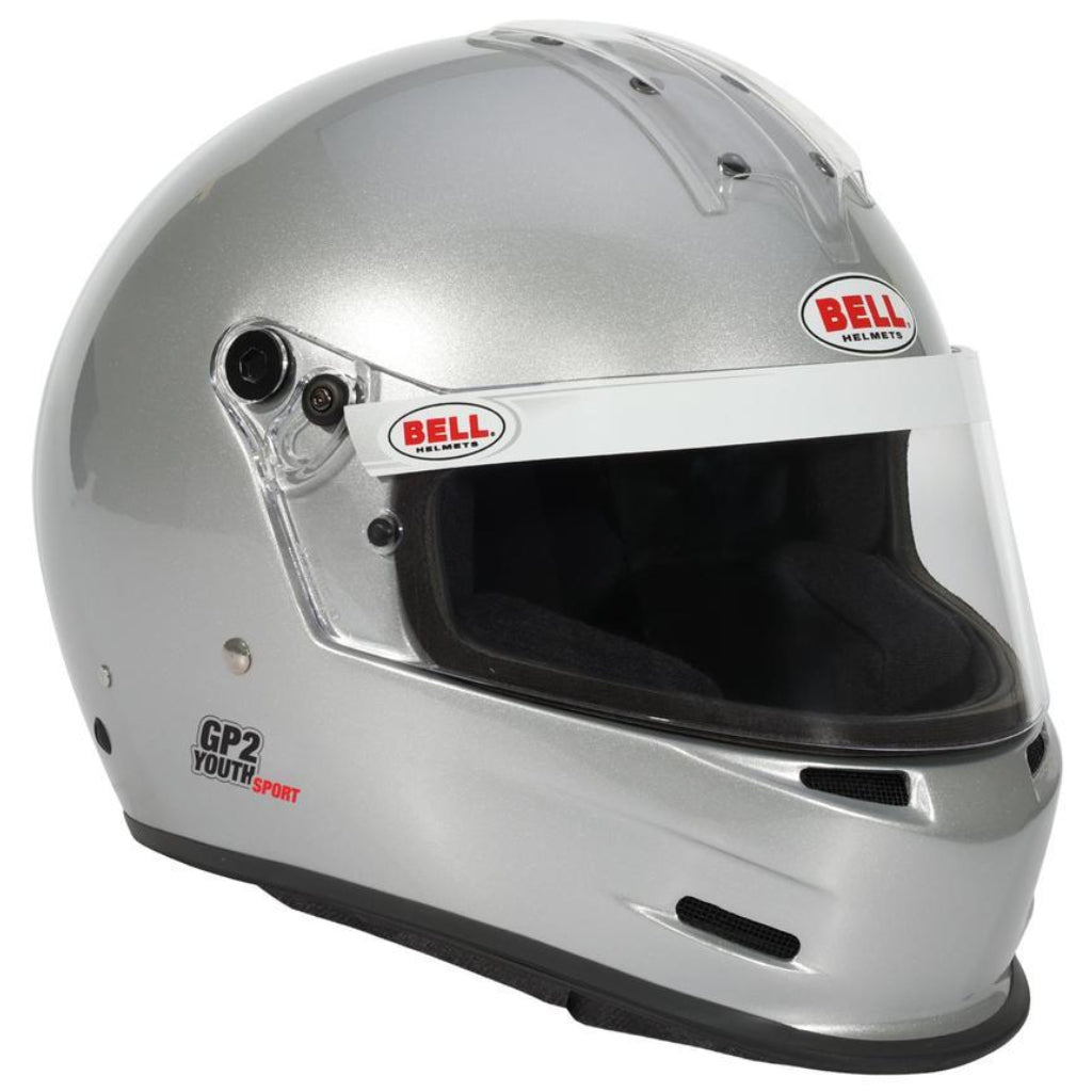 Front left angle view of Bell GP2 Youth Sport metallic silver helmet