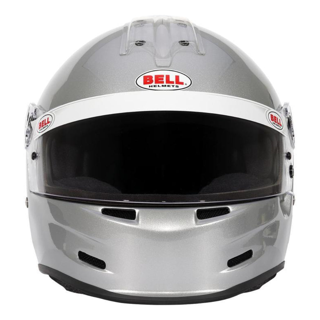 Front view of Bell GP2 Youth Sport metallic silver youth racing helmet