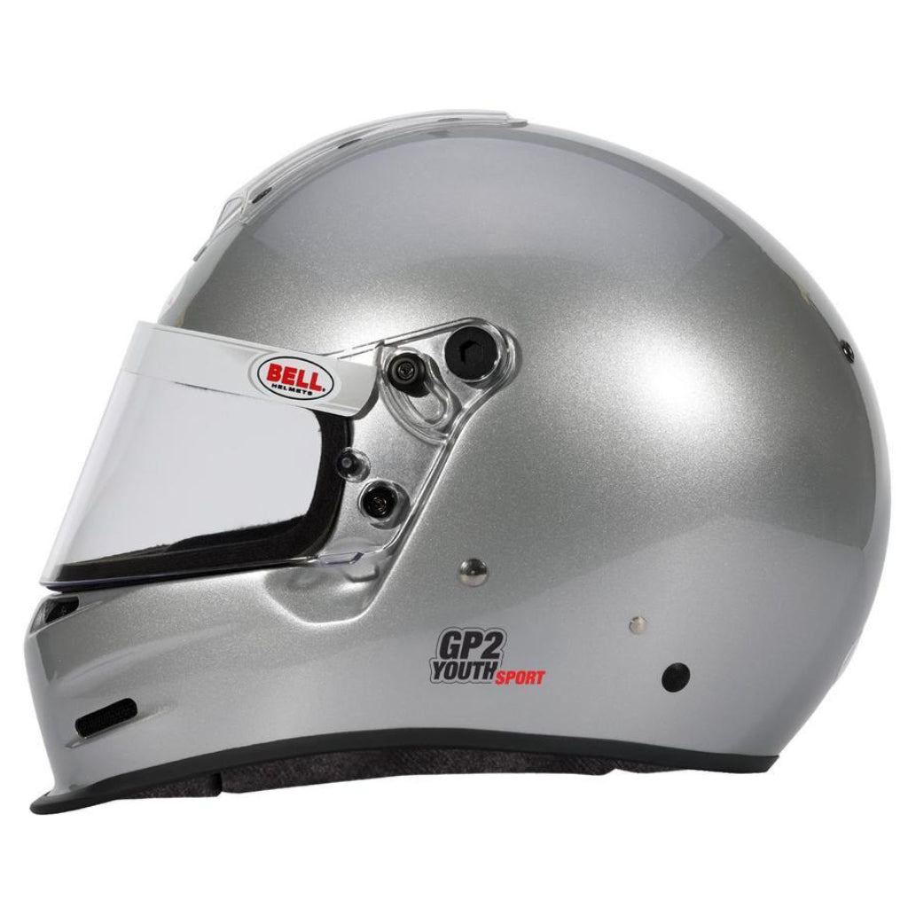 Left side profile view of Bell GP2 Youth Sport metallic silver helmet