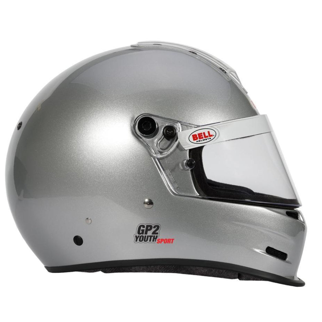 Right side profile of Bell GP2 Youth Sport helmet in metallic silver