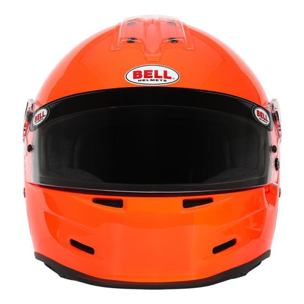 Front view of Bell GP2 Youth Sport orange youth helmet displaying eye port and chin ventilation