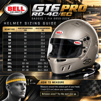 Thumbnail for Bell GT6 PRO RD-4C/EC Titanium racing helmet sizing chart showing helmet sizes 54 through 4XL, head circumference in centimeters and inches, and instructions for measuring proper helmet fit.