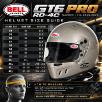 Thumbnail for Bell GT6 PRO RD-4C SA2025 Titanium racing helmet sizing chart showing head circumference in centimeters and inches, sizes 54 through 4XL, and helmet measuring instructions.