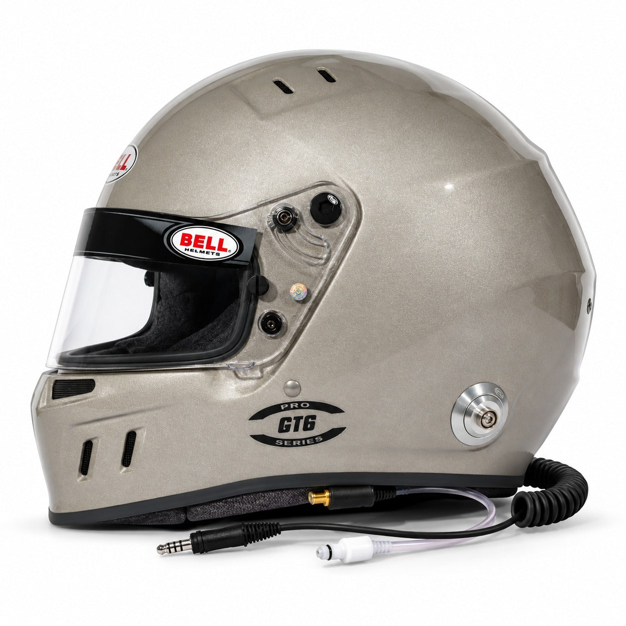 Side profile of Bell GT6 PRO RD-4C Titanium racing helmet featuring carbon-fiberglass composite shell, HANS anchor, SE06 shield, and ZeroNoise radio connection.