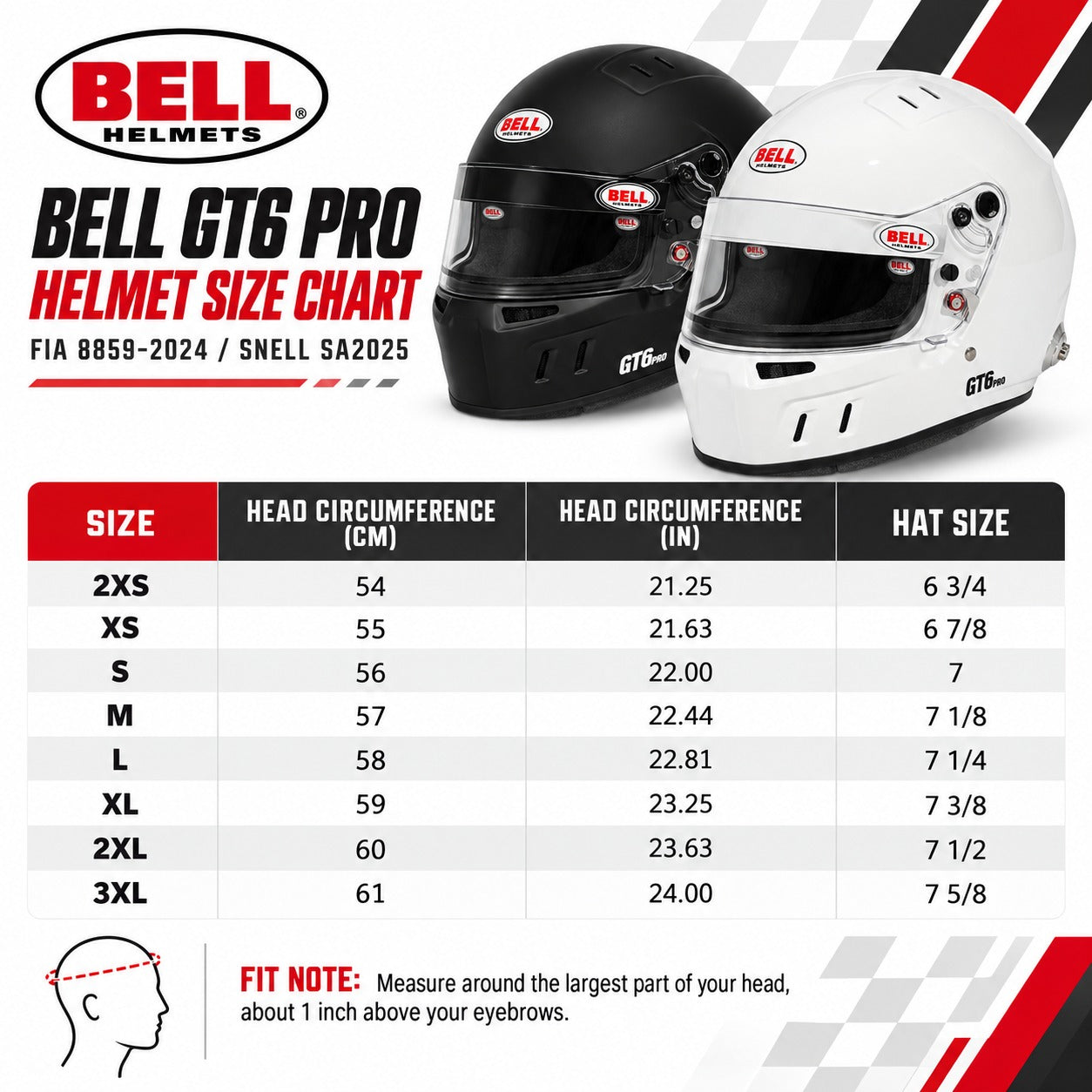 Bell GT6 Pro SA2025 racing helmet sizing chart featuring Gloss White and Matte Black helmets, head circumference measurements in centimeters and inches, helmet sizes 2XS through 3XL, and instructions for measuring proper helmet fit.