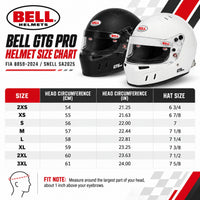 Thumbnail for Bell GT6 Pro SA2025 racing helmet sizing chart featuring Gloss White and Matte Black helmets, head circumference measurements in centimeters and inches, helmet sizes 2XS through 3XL, and instructions for measuring proper helmet fit.