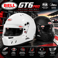 Thumbnail for Bell GT6 Pro SA2025 racing helmet hero image featuring Gloss White and Matte Black helmets, Snell SA2025 and FIA 8859-2024 certifications, lightweight composite shells, wide eyeports, advanced ventilation, factory-installed HANS anchors, SE06 DSAF anti-fog shields, and communication and hydration compatibility