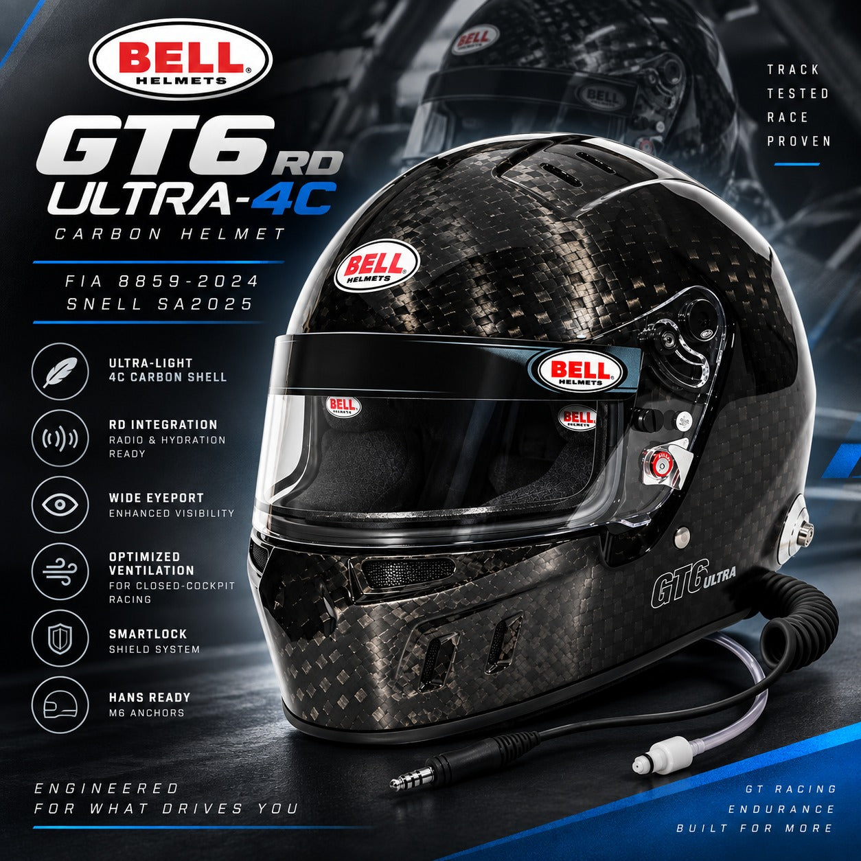 Bell GT6 RD ULTRA-4C Carbon Fiber SA2025 racing helmet hero image with radio and hydration integration, wide eyeport, SmartLock shield system, HANS anchors, and FIA 8859-2024 certification