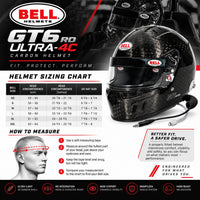 Thumbnail for Bell GT6 RD Ultra-4C Carbon Helmet sizing chart and fit guide graphic, featuring a helmet, a measurement table by head circumference and US hat size, and step-by-step how-to-measure instructions with a head silhouette.