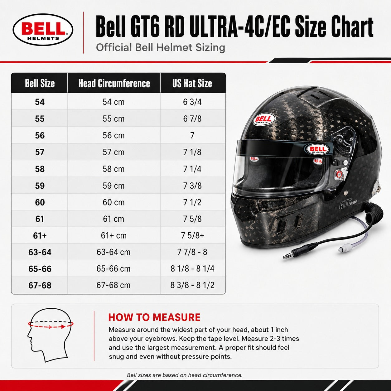 Bell GT6 RD ULTRA-4C/EC SA2025 helmet sizing chart with Bell head circumference measurements, US hat sizes, and measuring instructions