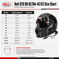 Thumbnail for Bell GT6 RD ULTRA-4C/EC SA2025 helmet sizing chart with Bell head circumference measurements, US hat sizes, and measuring instructions