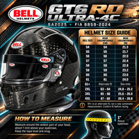 Thumbnail for Bell GT6 RD ULTRA-4C Carbon Fiber Racing Helmet Sizing Chart with Snell SA2025 and FIA 8859-2024 Certification, Helmet Sizes 54–4XL, Head Circumference in Centimeters and Inches, and Measuring Instructions.