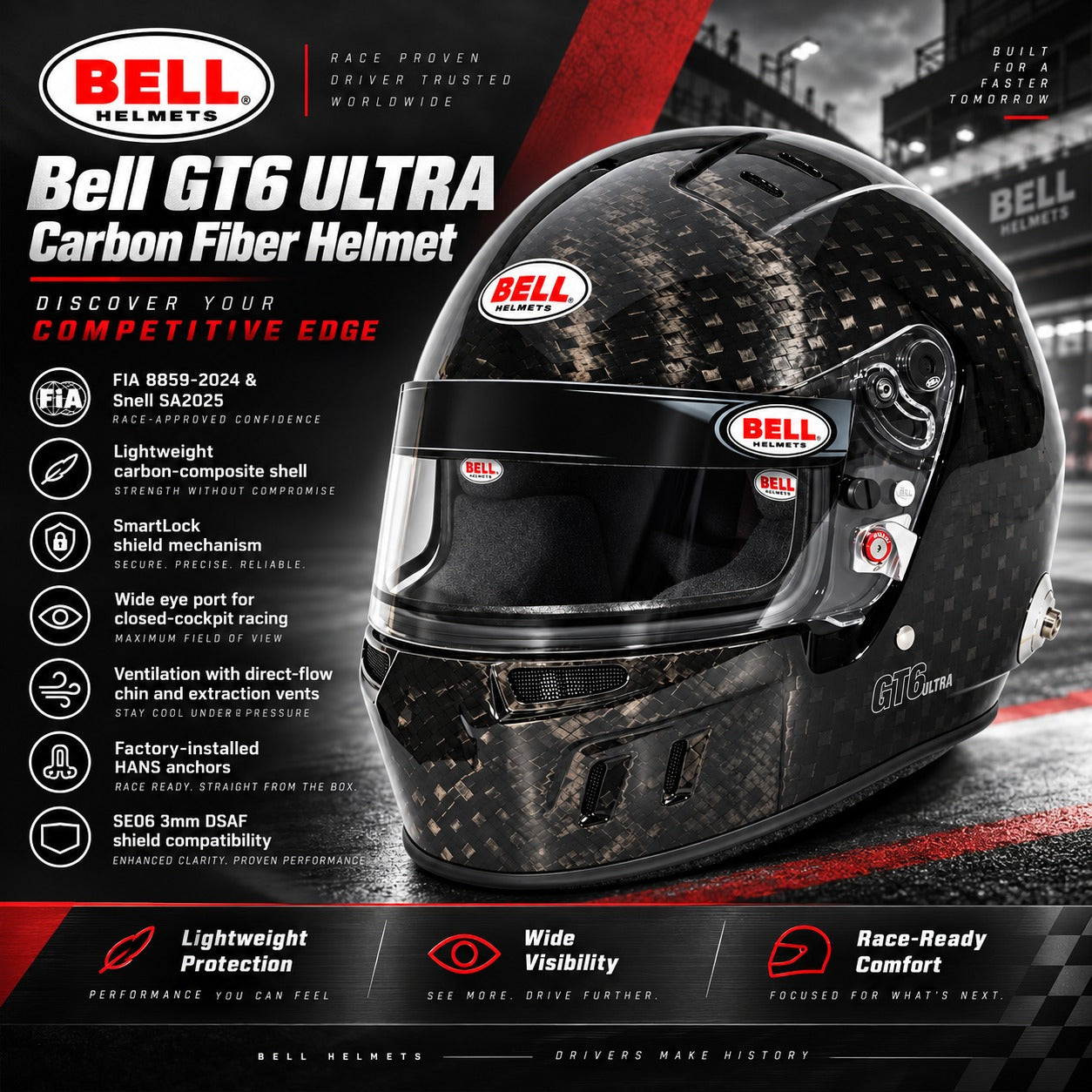 Bell GT6 ULTRA Carbon Fiber Helmet hero image with FIA 8859-2024 and Snell SA2025 certification, SmartLock shield, wide eye port, ventilation, and HANS anchors