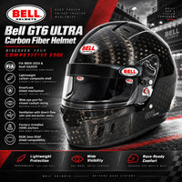 Thumbnail for Bell GT6 ULTRA Carbon Fiber Helmet hero image with FIA 8859-2024 and Snell SA2025 certification, SmartLock shield, wide eye port, ventilation, and HANS anchors