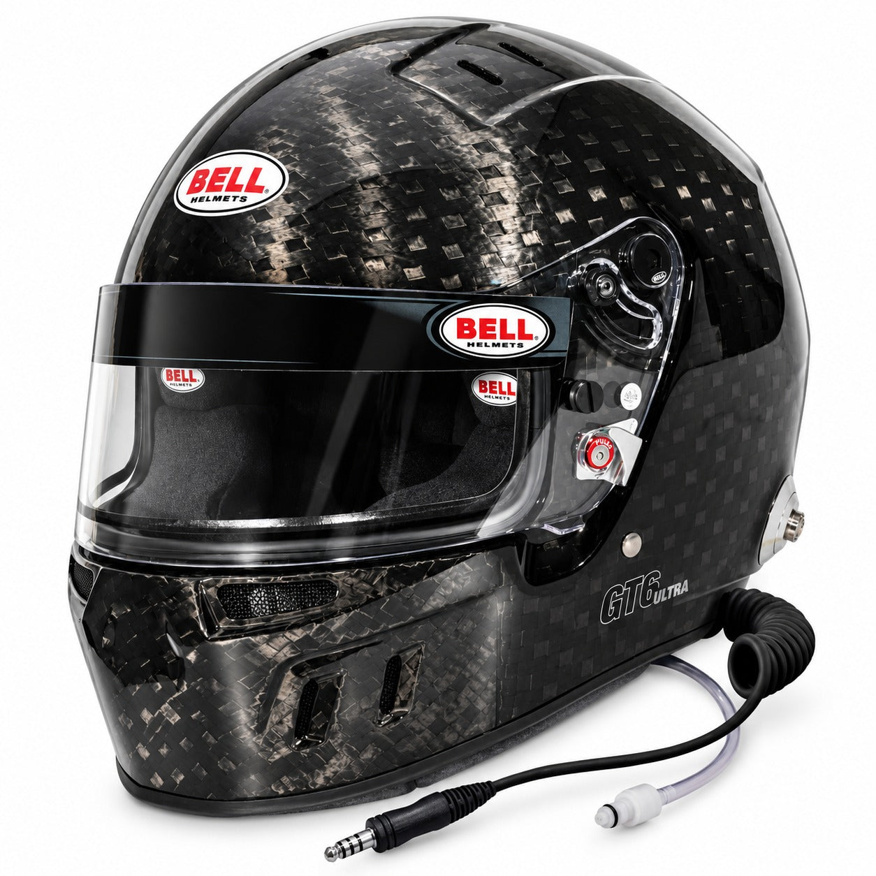 Bell GT6 Ultra carbon fiber racing helmet with integrated communications cable, dark visor, HANS posts and full-face carbon shell