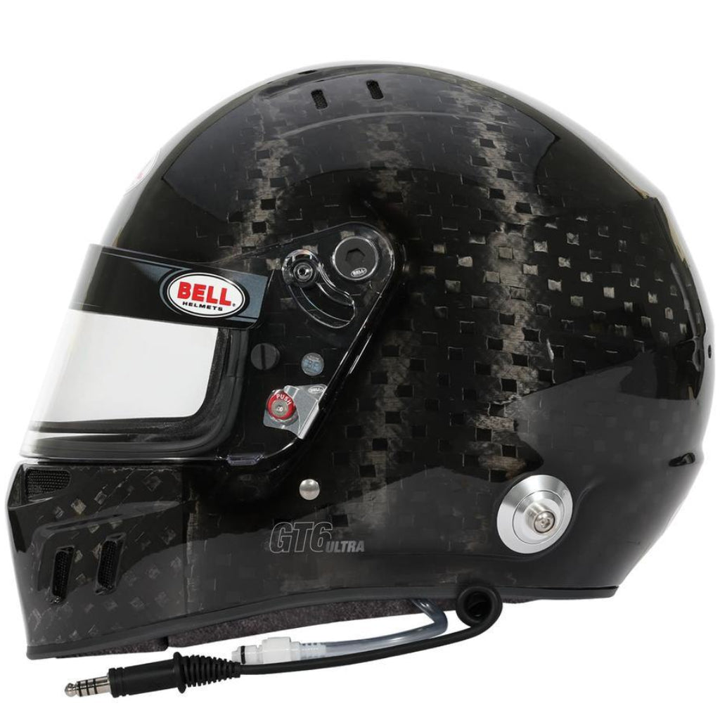 Bell GT6 Ultra Carbon helmet left side profile showing carbon shell and visor image