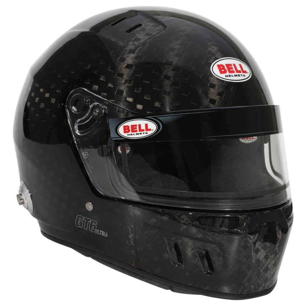 Bell GT6 ULTRA Carbon helmet rear angled view showing visor band and carbon shell image