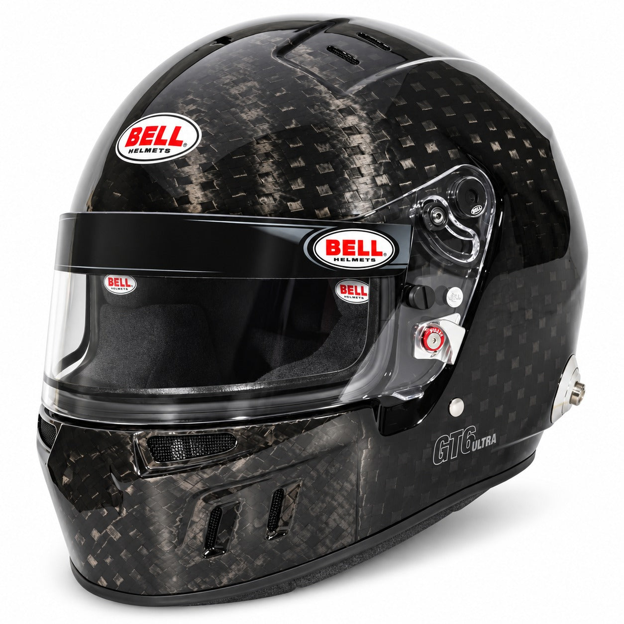 Bell GT6 Ultra carbon fiber racing helmet shown from the front three-quarter angle on a white background