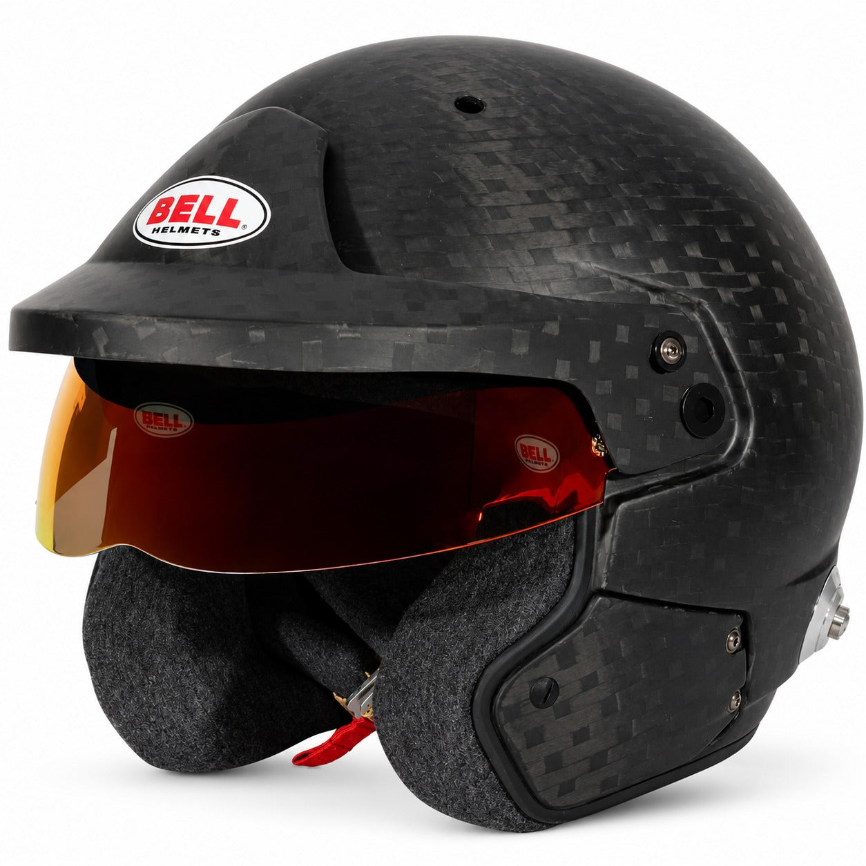 Bell HP10 Carbon open-face FIA 8860-2018 racing helmet with carbon fiber shell and red mirror sunscreen on white background