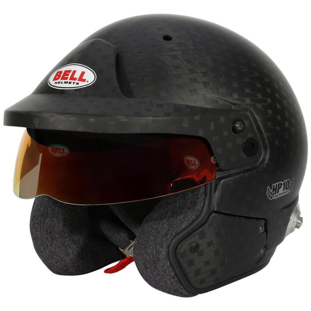 Bell HP10 carbon helmet front left angle with ML red shield visor and peak image