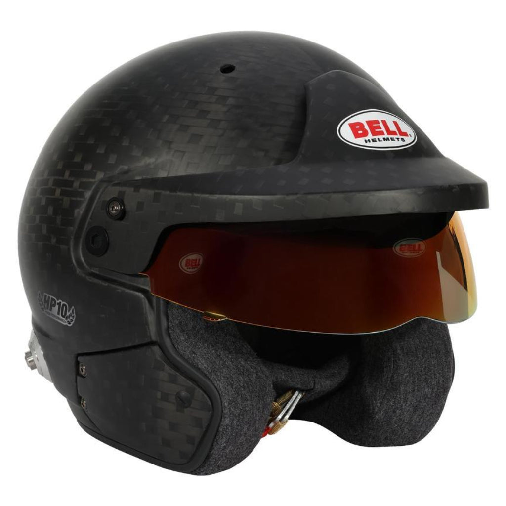 Bell HP10 carbon helmet left side profile showing shell, peak, and visor image