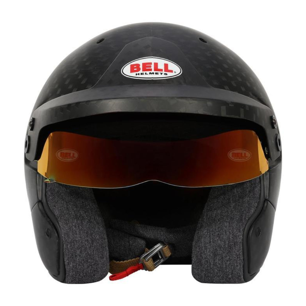 Bell HP10 carbon helmet front view with ML red shield visor and interior padding image