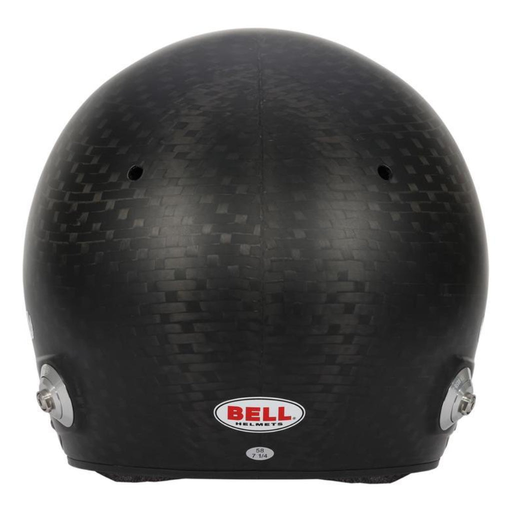 Bell HP10 carbon helmet rear view showing carbon weave shell and hardware image