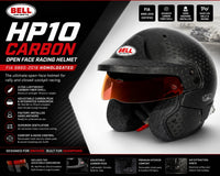 Thumbnail for Bell HP10 Carbon open-face FIA 8860-2018 racing helmet hero image highlighting carbon fiber construction, adjustable peak, integrated sunscreen, HANS anchors, and ventilation